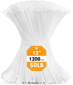 Zip Ties, RAZCC 1200pcs Cable Zip Ties 12 Inch, Heavy Duty White Plastic Wire Ties with 50lb Tensile Strength, Self-Locking Nylon Cable Ties, Wire Management for Indoor and Outdoor
