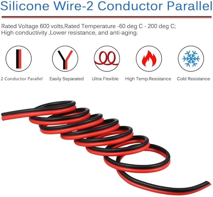 BNTECHGO 12 Gauge Flexible 2 Conductor Parallel Silicone Wire Spool Red Black High Resistant 200 deg C 600V for Single Color LED Strip Extension Cable Cord,Model 100ft Stranded Tinned Copper Wire