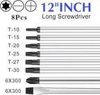 8-Piece Extra Long Torx and Slotted Phillips Screwdriver Set, length 12-inch T10-T30, plus Long star Screwdrivers, PH2 12" Long Cross-head & Flat Blade Screwdriver