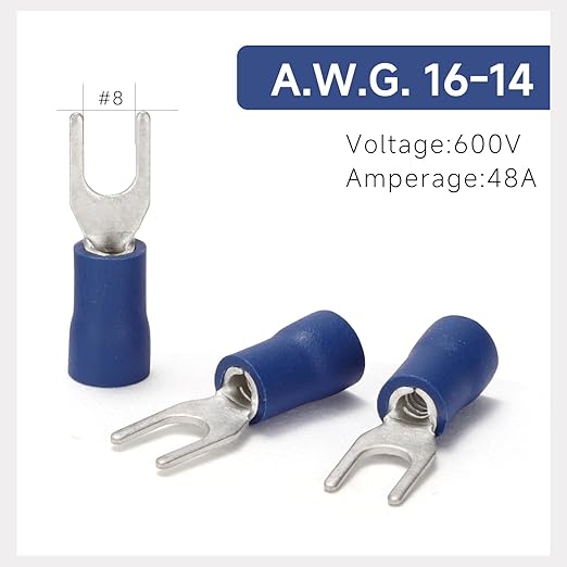 150PCS Fork Wire Connectors Insulated - Blue 16-14 AWG M4 Stud Size #8 - U-Type Tinned Copper Spade Electrical Crimp PVC Terminals