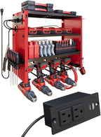 4 Layers Power Tool Organizer Wall Mount with Power Strip, Heavy Duty Metal Shelf, 400lbs Capacity for Cordless Drills, Batteries & Garage Storage (4 Slots with 2 Outlets Power Strip)
