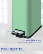 12 Gallon Slim Kitchen Trash Can, Stainless Steel Trash Can with Removal Inner Bucket and Soft-Close Lid, Pedal Garbage Can 45 Liter, Green