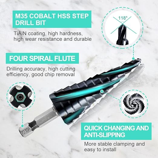Cobalt Step Drill Bit - 1/8"-1/2" Four Spiral Flute Cobalt Step Drill Bit M35 with Impact Ready Unibit for Stainless Steel Metal Aluminium Copper Wood Plastic