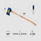 ESTWING 4 Pound 36 Inch Full Sized Hand Sharpened Axe with Curved Wooden American Hickory Handle for Cutting and Splitting, Green