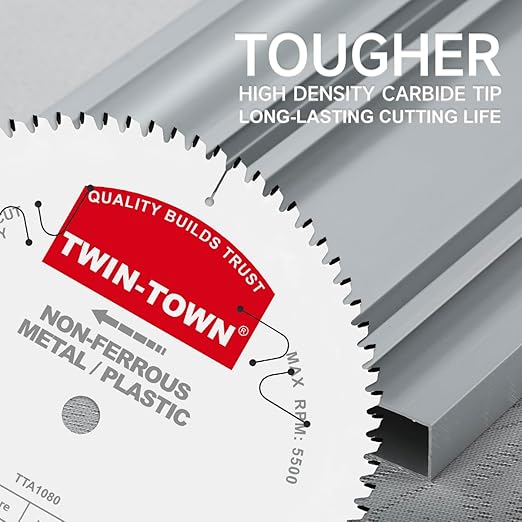 TWIN-TOWN 10-Inch 80 Tooth TCG Aluminum Cutting Saw Blade for Miter/Table Saws - Precision Circular Saw Blades for Aluminum, Plastics, Non-Ferrous Metals with 5/8" Arbor