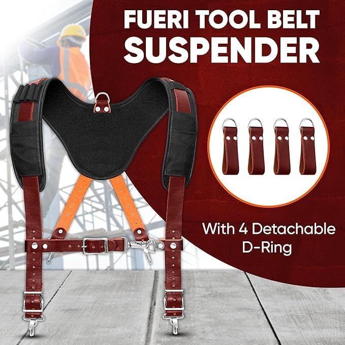 FUERI Tool Belt With Suspender Men Carpenter Pouches Construction Bags Electrician Belts Framer Worker Pouch Bag Holder Organizer 26 Pocket Nylon Leather Black Professional Set - Extra Large