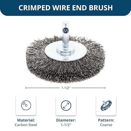 Benchmark Abrasives 1-1/2" Mounted Crimped Wire Wheel for Cleaning deburring on Cast Iron, Steel, Titanium, Nickel, 1/4" Shank for Rotary Tools, Coarse Grit - Carbon Steel
