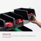 IRIS USA Stackable Storage Bins Open Front, 6 Pack, Plastic Hanging Organizer Caddy Basket for Hardware Crafts, Small Parts, Nuts and Bolts, Garage Tool Storage, Jumbo, Black