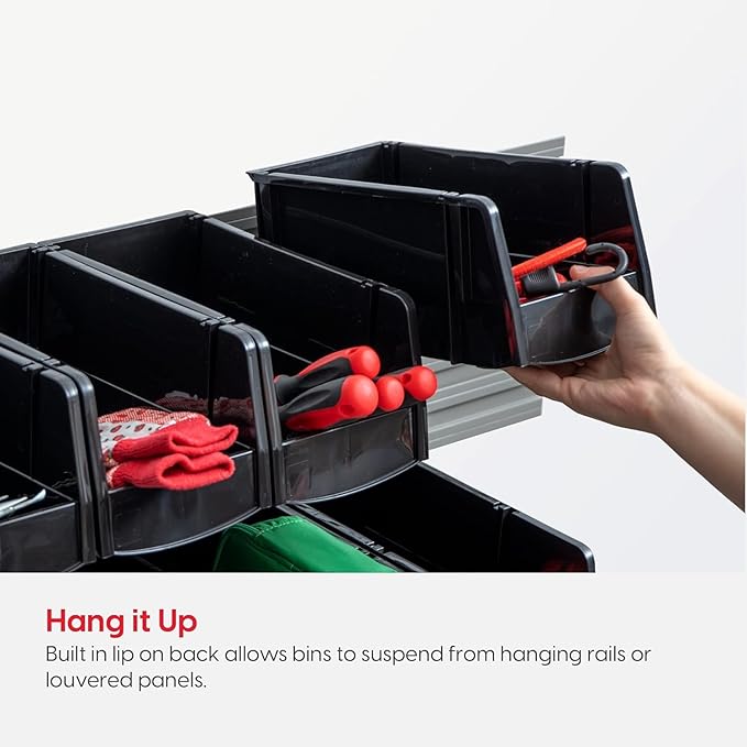 IRIS USA Stackable Storage Bins Open Front, 6 Pack, Plastic Hanging Organizer Caddy Basket for Hardware Crafts, Small Parts, Nuts and Bolts, Garage Tool Storage, Extra Large, Black