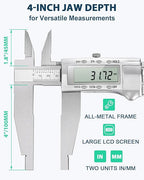 12-Inch Digital Caliper with 4-Inch Jaw Depth, Precision Measuring Tool, Full Metal Frame, Large LCD Screen, Resolution 0.0005"/0.01mm, Ideal for Professionals & Hobbyists