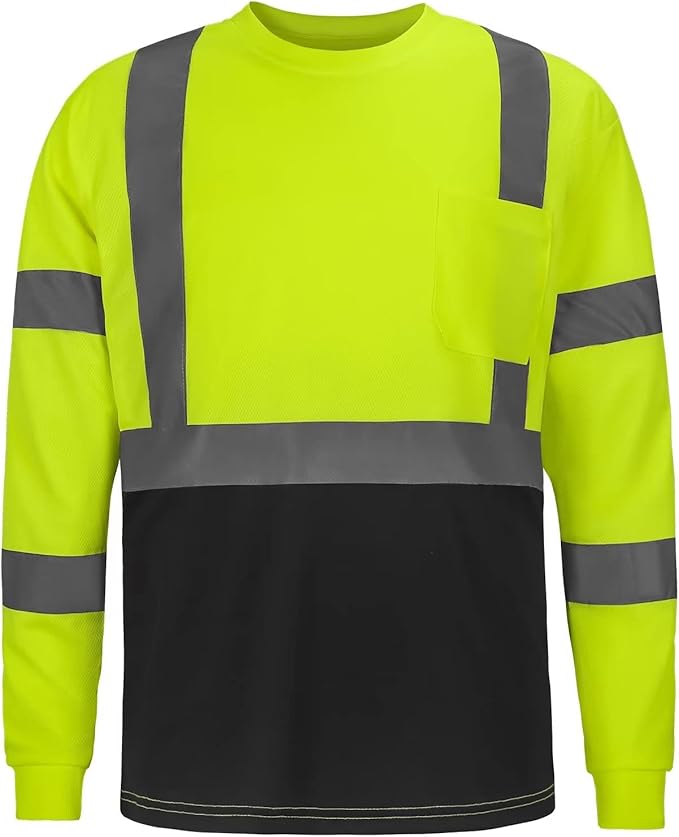 High Visibility Class 3 T Shirts，Hi Vis Safety Shirts with Reflective Strips and Pocket, Long Sleeve Quick Dry Mesh Construction Work Shirt for Men/Women Black Bottom Lime,3XL