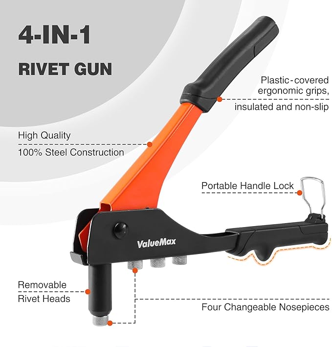 ValueMax 4-in-1 Hand Riveter/Rivet Gun, Pop Rivet Tool Kit with 200 Rivets - 3/32-inch, 1/8-inch, 5/32-inch, 3/16-inch, 4 Interchangeable Nosepieces, Suitable for Metal
