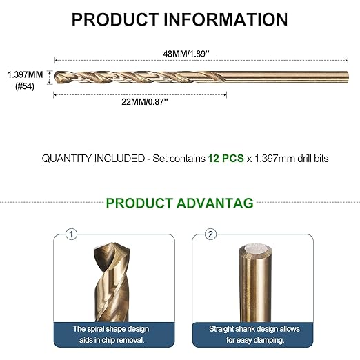 METALLIXITY Drill Bit (#54) 12Pcs, M2 High-Speed Steel Micro Number Bits Spiral Flute 135°Point Tip Gold Finish for Stainless Steel Iron Copper Aluminum Hard Metal