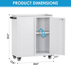 Metal Storage Cabinet with 2 Doors and 4 Hooks,34" H Top Workbench Mobile Tool Chests Garage Cabinets with 4 Wheels and Lock/Push Arm for Home,Office,Shop(White)