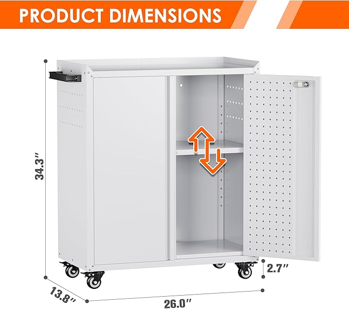 Metal Storage Cabinet on Wheels, Metal Tool Cabinet with Wheels&Pegboard&Handle&Hooks&Adjustable Shelf for Home Office Garage Warehouse Utility Room, Assembly Required, White,13.8"D x 26"W x 34.3"H