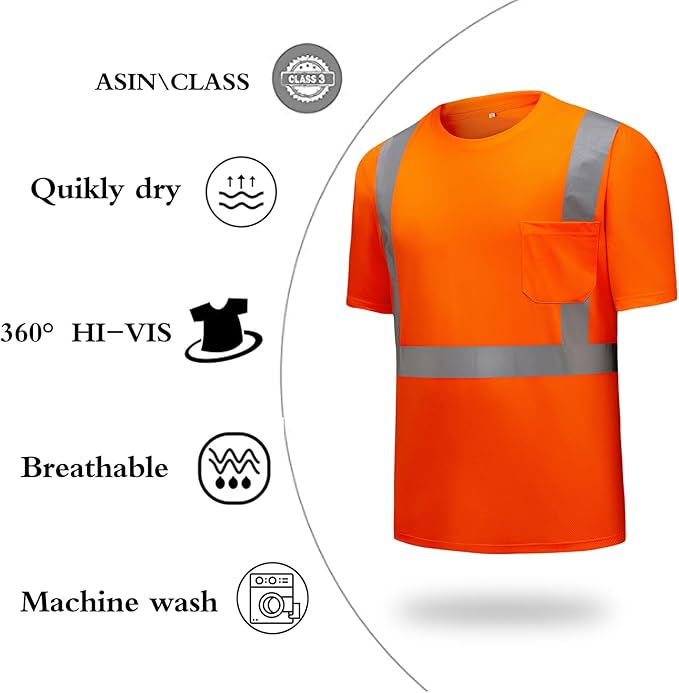 High Visibility Shirts Quick Dry Safety T Shirts with Reflective Strips and Pocket Short Sleeve Mesh Hi Vis Construction Work Class 2 Shirt for Men/Women Orange,Small