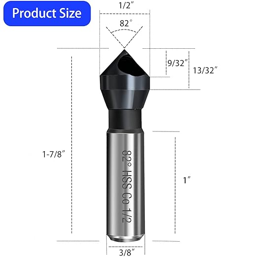 Countersink Drill Bit, TiAlN Coated M35 Cobalt 82 Degree Point Angle, 3/8" Round Shank, 1/2" Body Diameter Counter Sinker Drill Bits for Metal Wood Copper Plastic Resin