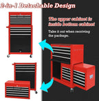 13 Drawer Rolling Tool Chest with Wheels, 2 in 1 Detachable Tool Chest with Drawers, Large Tool Box with Lock, Metal Tool Cabinet for Garage Workshop(Red-Black)