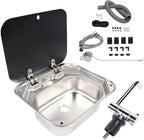 Cafe Bar Kitchen RV Sink with Folding Faucet A and Lid, Stainless Steel Single Bowl Hand Wash Basin Drop In Sink with Cover for Bar Caravan Van RV Camper Motor Home Trailer Accessories