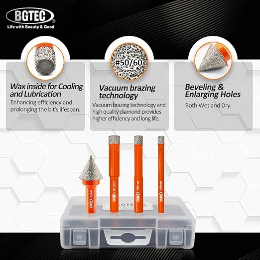 Dry Diamond Drill Bit Set - BGTEC 3pcs 5/16" 8mm Hole Saw and 1pc 4/5" Dimaond Chamfer bit for Granite Marble Porcelain Ceramic,Vacuum Brazed Diamond Core Drill Bit Kit