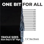 toolant Four Spiral Flute Cobalt Step Drill Bit(Pro), 1/8"-1/2" Impact Ready Unibit Step Drill Bit, 1/4" Hex Shank Unibit for Metal, Stainless Steel, Aluminum, Plastic