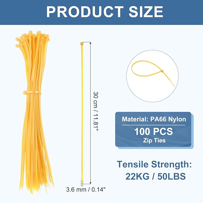 PATIKIL Cable Zip Ties 12 Inch, 100 Pcs Self-Locking Nylon Wire Tie Wraps Heavy Duty Cord Management with 50 lbs Tensile Strength for Indoor and Outdoor, Yellow (0.1" W)