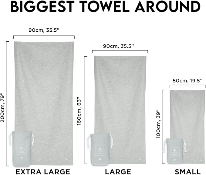 Dock & Bay Beach Towel - Quick Dry, Sand Free - Compact, Lightweight - 100% Recycled - Includes Bag - Essential - Mountain Grey - Large (160x90cm, 63x35)