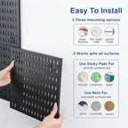 Pegboard Wall Organizer Kit – Heavy Duty 20lbs Load Bearing, Easy Installation, 4 Peg Board Panels 14 Accessories – Multi-Surface Use For Garage, Office, Kitchen & Crafts (Black Pegboard,24″×24″)