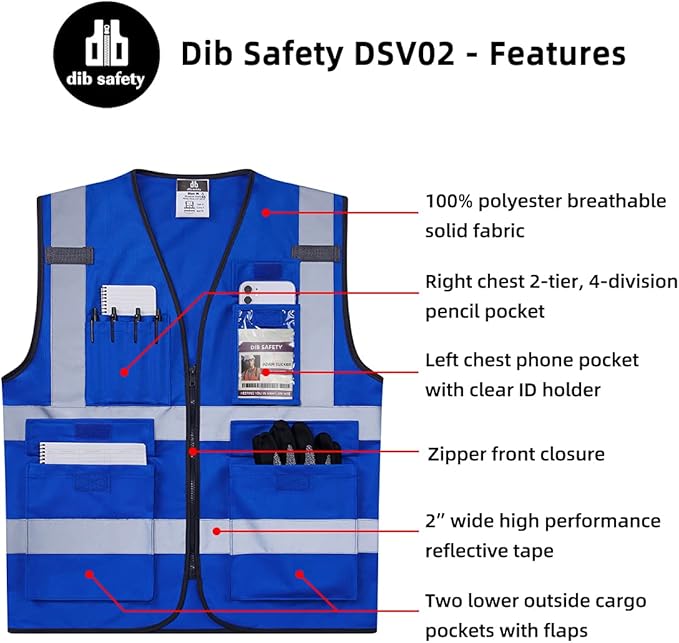 Dib Safety Reflective Vest High Visibility with Pockets and Zipper, Blue S