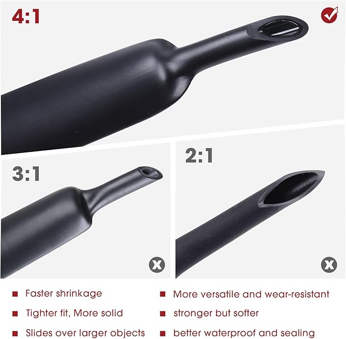 Heat Shrink Tubing 4:1 Dual Wall Adhesive Liner Wires Cable Wraps Connection Protection (Black, 1"-18ft)