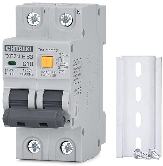 Ground Fault Circuit Breaker, 10 Amp 120V AC DIN Rail Mount Residual Current Circuit Breaker, Thermal-Magnetic Trip, Earth-Leakage Protection 30mA 1PN RCBO C10
