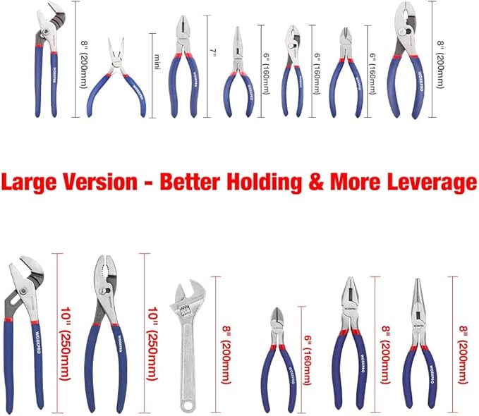 WORKPRO Large Pliers & Wrench Set 6-Piece (10" Water Pump, 10" Slip Joint, 8" Long Nose, 8" Linesman, 6" Diagonal, 8" Adjustable Wrench) for DIY & Home Use, W001329A