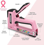 WORKPRO Pink Staple Gun, 6-in-1 Manual Brad Nailer with 4000-Pieces Staples for Fixing Material, Carpentry, Upholstery, Furniture and DIY - Pink Ribbon
