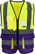 A-SAFETY Yellow purple reflective Working Vest with Zipper Pockets