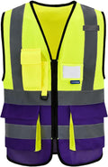 Yellow&Purple X-Small High Visibility REFLECTIVE Safety Vest with 4 Reflective Strips 7 Pockets ZIPPER