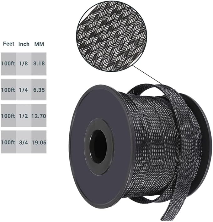 PET Expandable Braided Sleeving Wire Loom 1/8 Inch Cable Wrap Cable Sleeve Wire Protector Sleeve Tubing 100Feet, Black