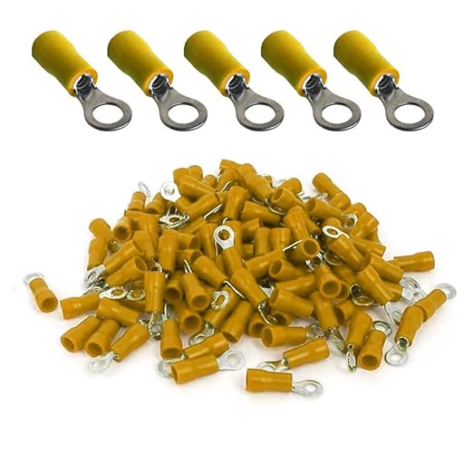 ANGSTROM #8 Bolt Ring Terminals, Insulated Electrical Crimp Connectors 100pcs (12-10ga Yellow)