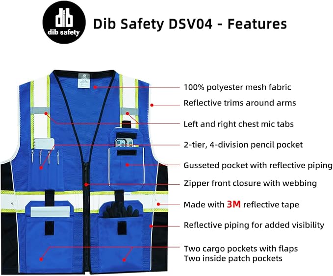 Dib Safety Vest Reflective Blue Mesh, High Visibility Vest with Pockets and Zipper, Heavy Duty Vest Made with 3M Reflective Tape XL