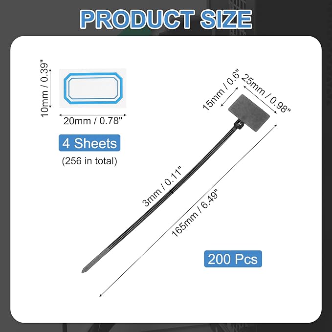 PATIKIL 6inch Zip Ties, 200pcs Cable Ties Tags Nylon Wire Marking Label Self Locking Plastic Straps Write on with Label Tags Paper for Organization Cord Network Ethernet Marking, Black