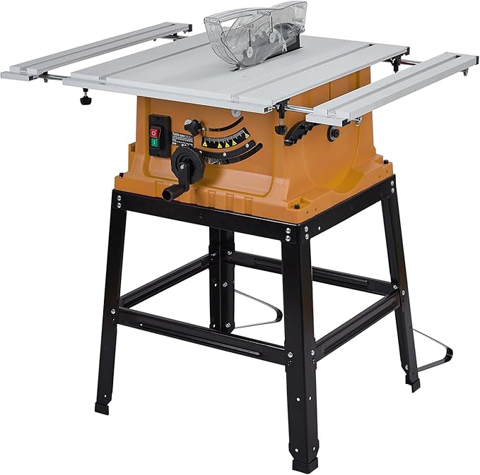 Table Saw, MERXENG 10 Inch 15A Multifunctional Saw With Stand & Push Stick, 90° Cross Cut & 0-45° Bevel Cut, 5000RPM, Adjustable Blade Height for Woodworking, Orange