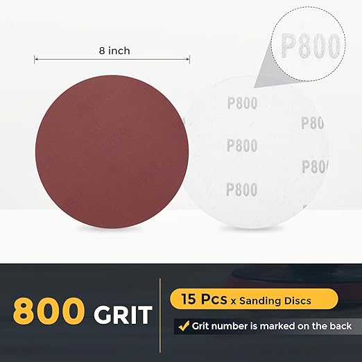 HARFINGTON 15 Pcs 8 Inch Sanding Disc 800 Grit Hook and Loop Sandpaper Random Orbital Sander Pads for Woodworking Automotive Metal Polishing