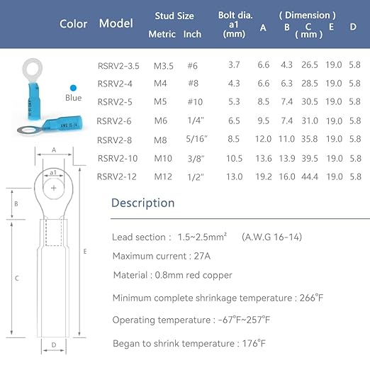 HKS 50 PCS Ring Terminals #6 Blue 16-14 AWG - M3.5 - Electrical Connectors - Heat Shrink Wire Connector Kit - Tinned Red Copper - Automotive Marine Ring Connectors - Waterproof and Insulated