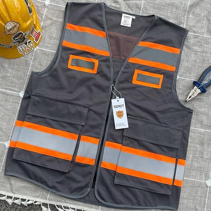 TCCFCCT Mesh High Visibility Safety Work Vest with Pockets and Reflective Stripes, Hi Vis Construction Vest with Fluorescent Orange Extend Edge, Meets ANSI/ISEA Standards, Grey, XL