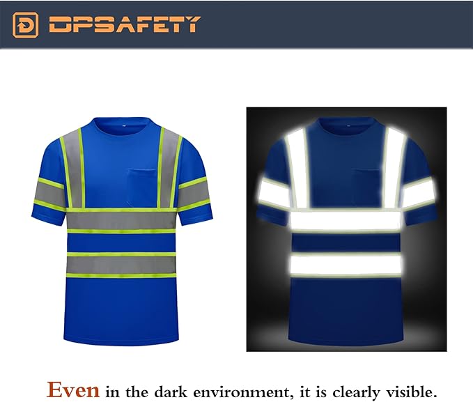 High Visibility Shirts Quick Dry Safety T Shirts with Reflective Strips and Pocket Short Sleeve Mesh Hi Vis Construction Work Class 2 Shirt for Men/Women Blue,Medium