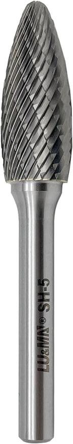 SH-5 Tungsten Carbide Burr Rotary File Flame Shape Double Cut (1/2” Cutter Dia X 1-1/4”Cutter Length) with 1/4'' Shank Dia by LU&MN