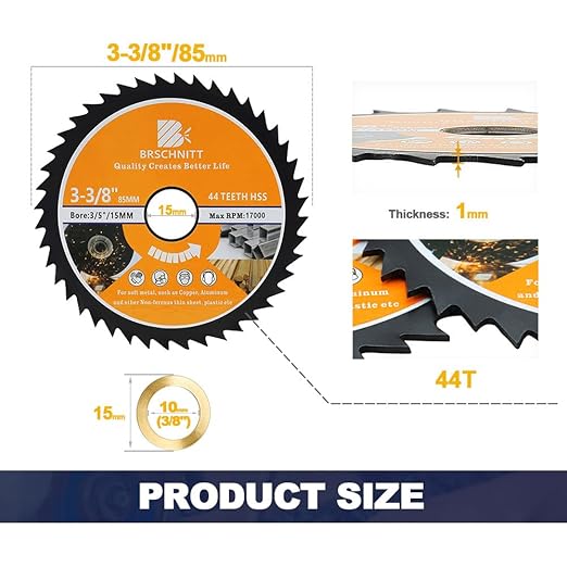 HSS Circular Saw Blade 3 3/8inch - BRSCHNITT 44T 3/5"-3/8" Bore Cutting Discs for Cutting Wood, Copper, Aluminum, Plastic and Soft Metal