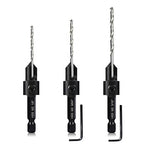 3-pc Countersink Drill Bit Set #10#12#16, 3in1 Woodworking Counterbore Hole Saw Drill Bits, Depth Adjustable M2 Pilot Drill Bits, 82-Degree Chamfer, 1/4” Hex Shank, with 1 Allen Wrench