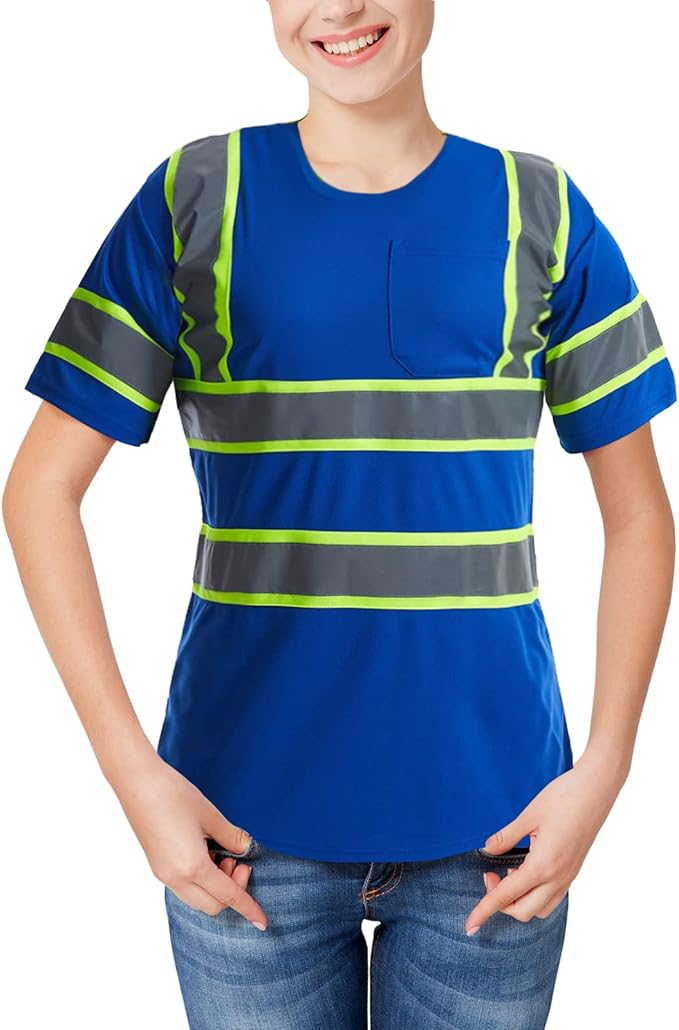 High Visibility Shirts Quick Dry Safety T Shirts with Reflective Strips and Pocket Short Sleeve Mesh Hi Vis Construction Work Class 2 Shirt for Men/Women Blue,Medium