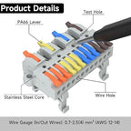 2Pcs Lever Wire Connectors, 4 in 12 Out, Push-in, Quick Wiring DIN Terminal Blocks, 0.7-2.5(4) mm², 600V 32A, 32Pcs Wire Ferrules Terminals & 5.51 Inch DIN Rail Included