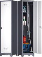 65" H Slim Broom Storage Cabinets, Metal Broom Closet with Hanging Rod & S-Hooks, Utility Cabinet for Brooms and Mops, Indoor Cleaning Storage Cabinet with Shelf for Bedroom, Bathroom, Garage